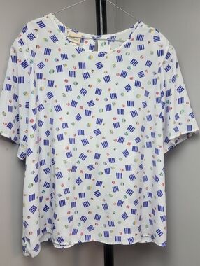 Vtg Blouse Top Shirt Women's 24W White Blue Multicolor Short Sleeve Round Neck